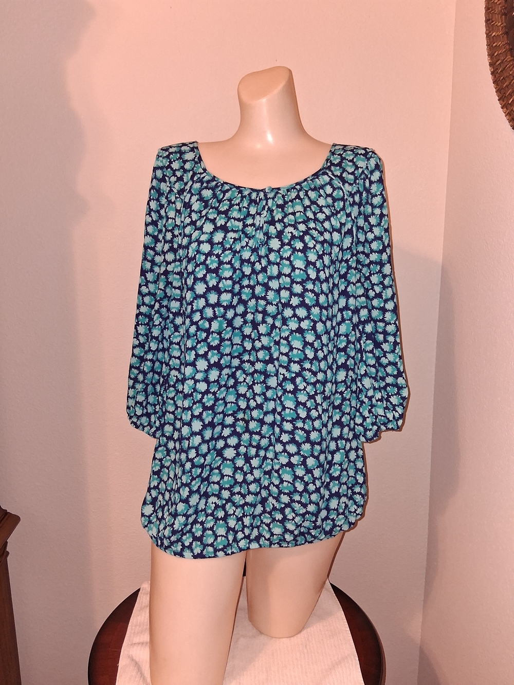 LOFT Navy & Teal Floral Scoop-Neck Blouse